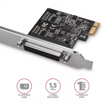 Axagon PCEA-P1N PCIe - 1x parallel port adapter w. SP & LP, PCIe, Parallel, Female, Full-height / Low-profile, PCIe 2.0, China