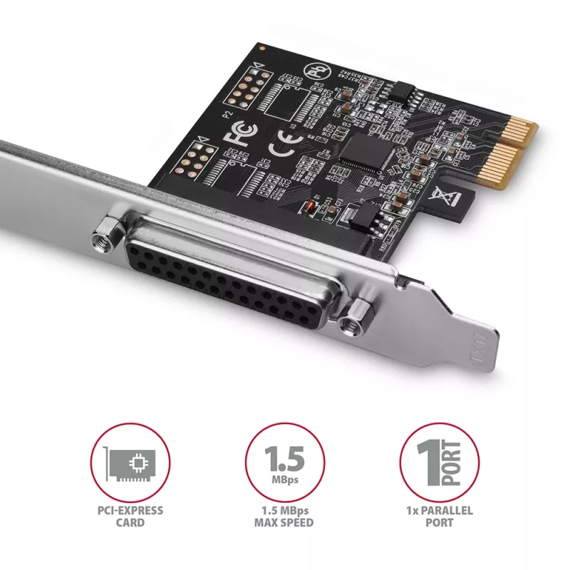 Axagon PCEA-P1N PCIe - 1x parallel port adapter w. SP & LP, PCIe, Parallel, Female, Full-height / Low-profile, PCIe 2.0, China