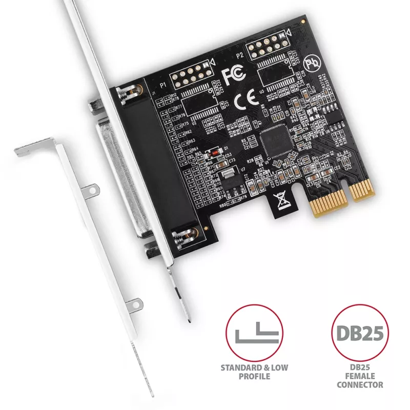 Axagon PCEA-P1N PCIe - 1x parallel port adapter w. SP & LP, PCIe, Parallel, Female, Full-height / Low-profile, PCIe 2.0, China