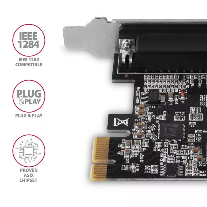Axagon PCEA-P1N PCIe - 1x parallel port adapter w. SP & LP, PCIe, Parallel, Female, Full-height / Low-profile, PCIe 2.0, China