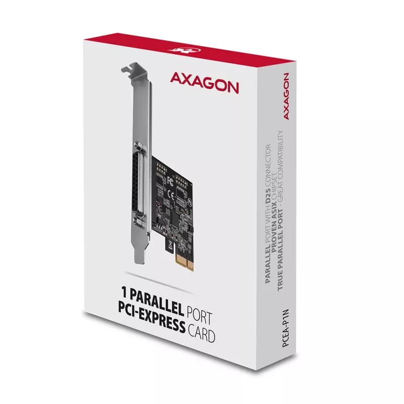 Axagon PCEA-P1N PCIe - 1x parallel port adapter w. SP & LP, PCIe, Parallel, Female, Full-height / Low-profile, PCIe 2.0, China