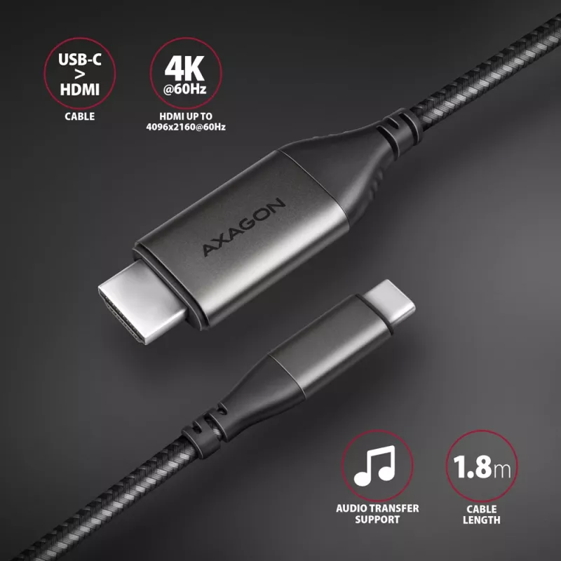 Axagon RVC-HI2MC USB-C -> HDMI 2.0a cable 1.8m, 4K/60Hz HDR10