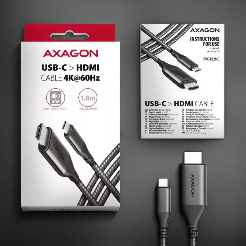 Axagon RVC-HI2MC USB-C -> HDMI 2.0a cable 1.8m, 4K/60Hz HDR10