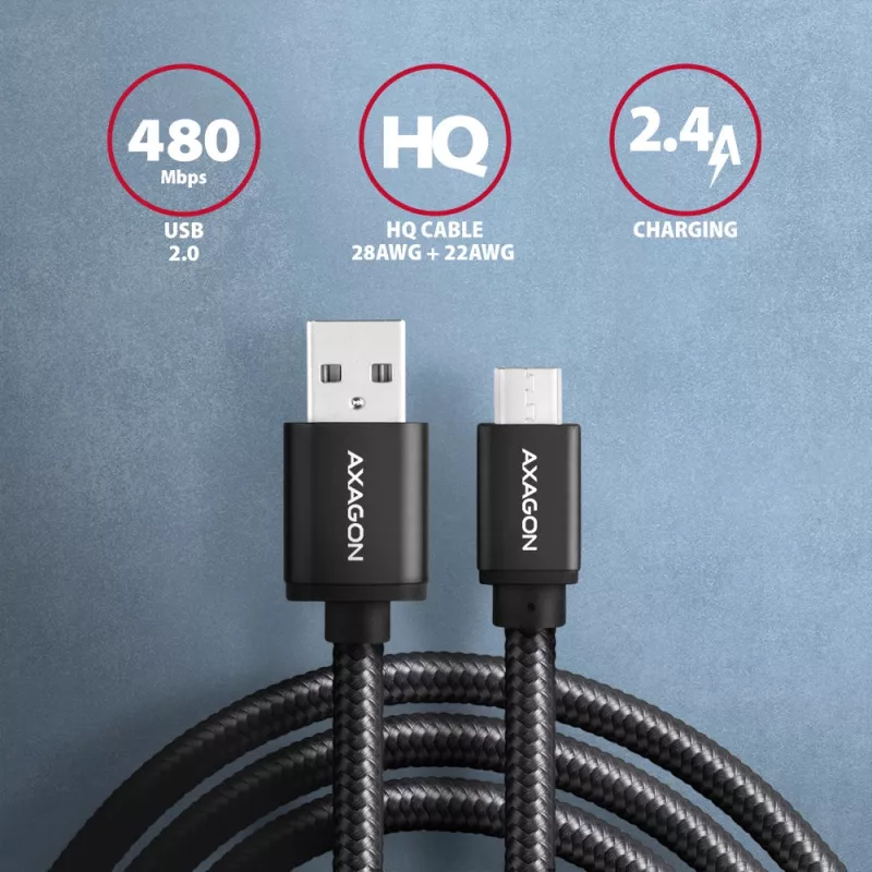 Axagon BUMM-AM10AB HQ cable Micro USB <-> USB-A, 1m, USB 2.0, 2.4A, ALU, braid, black