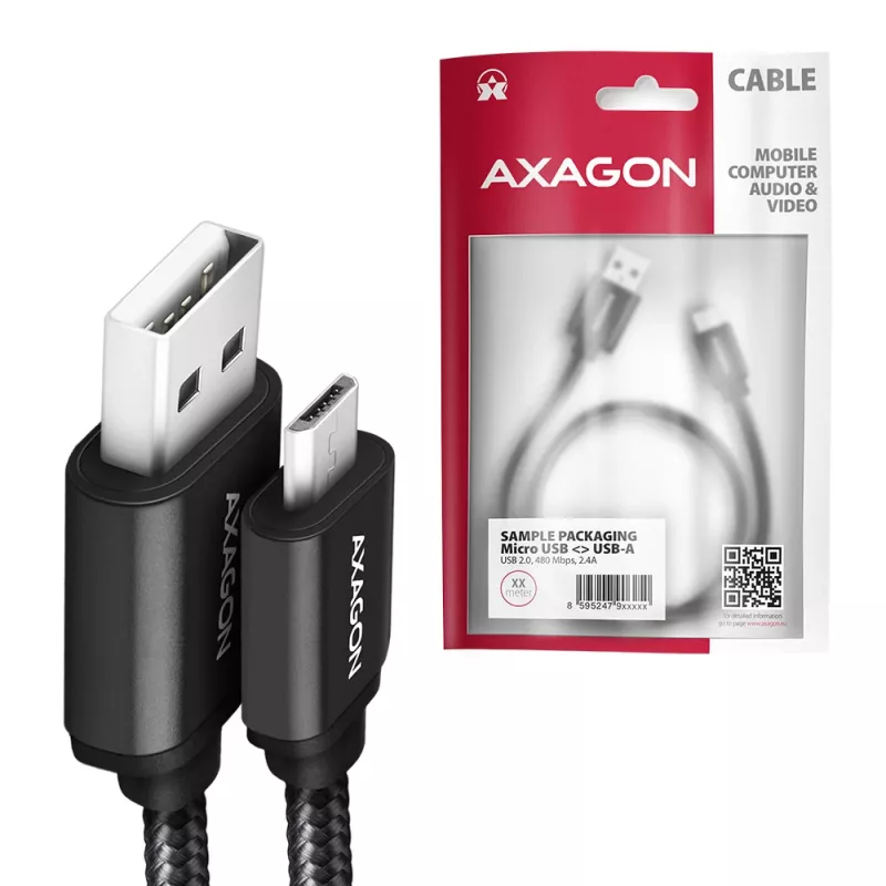 Axagon BUMM-AM10AB HQ cable Micro USB <-> USB-A, 1m, USB 2.0, 2.4A, ALU, braid, black