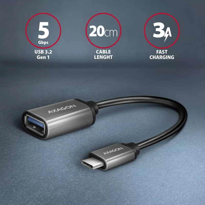 Axagon RUCM-AFAC cable adapter USB-C (M) -> USB-A (F), 20cm, USB 3.2 Gen 1, 3A, ALU
