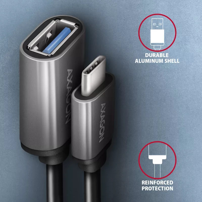 Axagon RUCM-AFAC cable adapter USB-C (M) -> USB-A (F), 20cm, USB 3.2 Gen 1, 3A, ALU