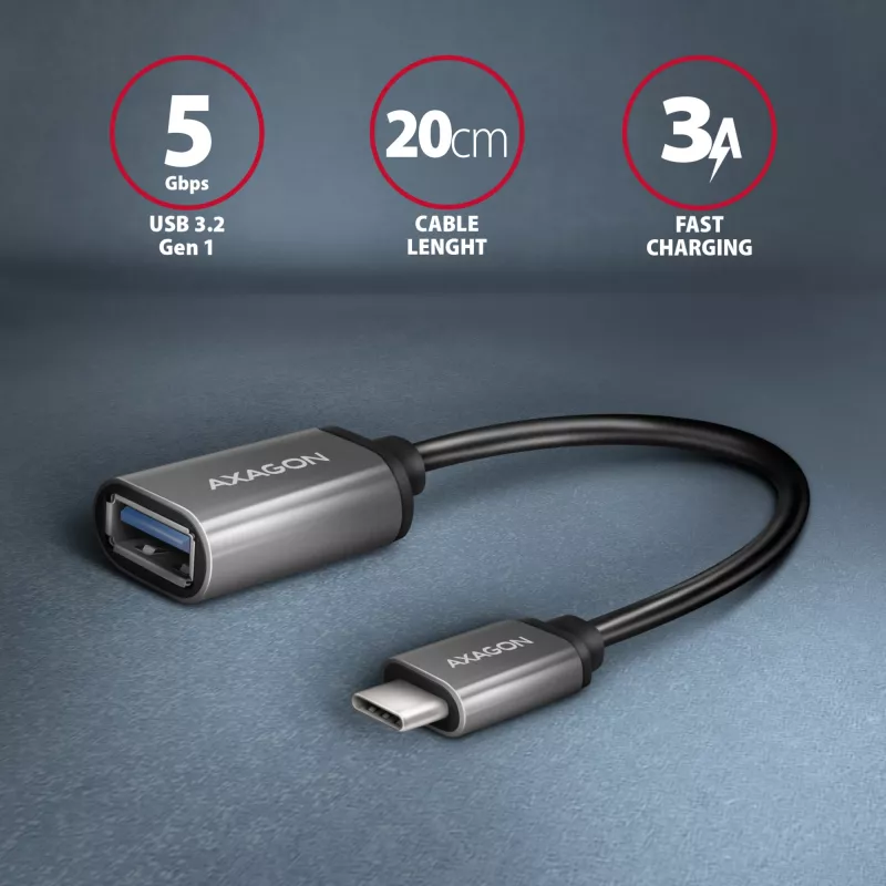 Axagon RUCM-AFAC cable adapter USB-C (M) -> USB-A (F), 20cm, USB 3.2 Gen 1, 3A, ALU