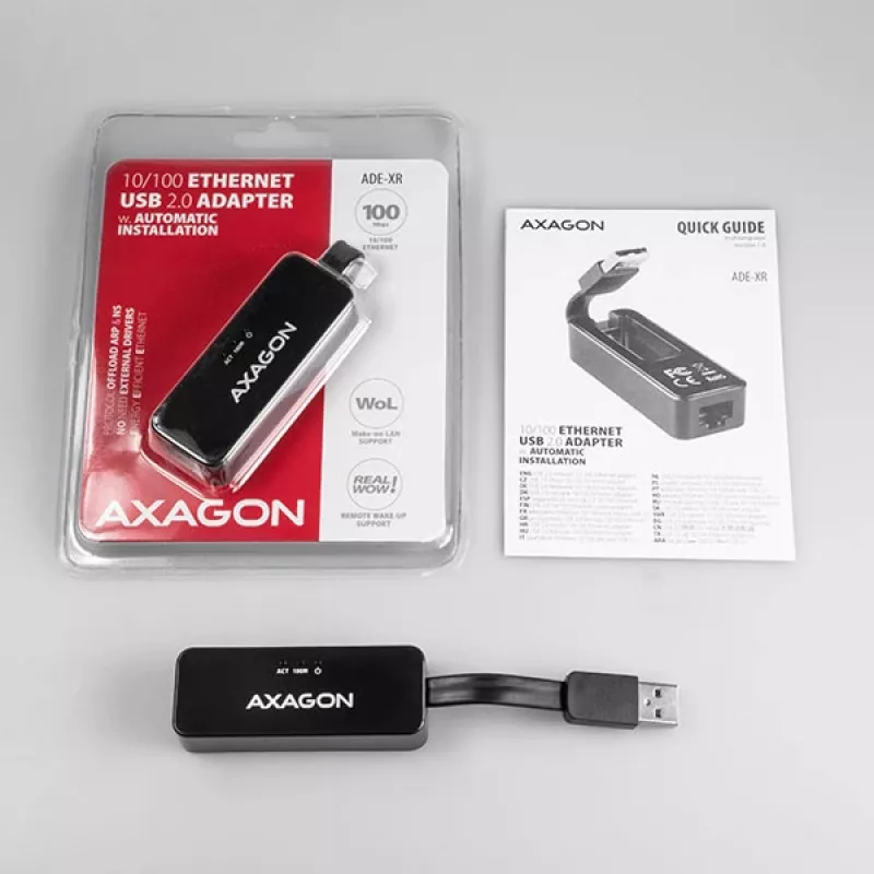 AXAGON ADE-XR USB 2.0 Type-A to Fast Ethernet 10/100 adapter, RJ-45, Realtek RTL8152, black, 23 g