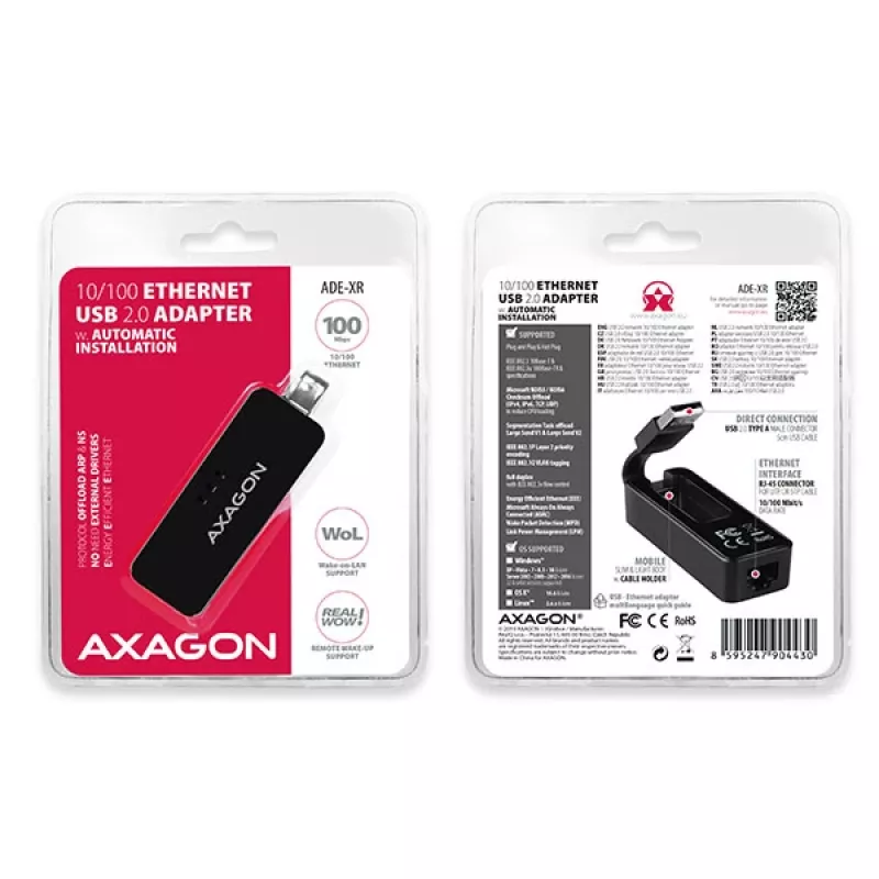 AXAGON ADE-XR USB 2.0 Type-A to Fast Ethernet 10/100 adapter, RJ-45, Realtek RTL8152, black, 23 g