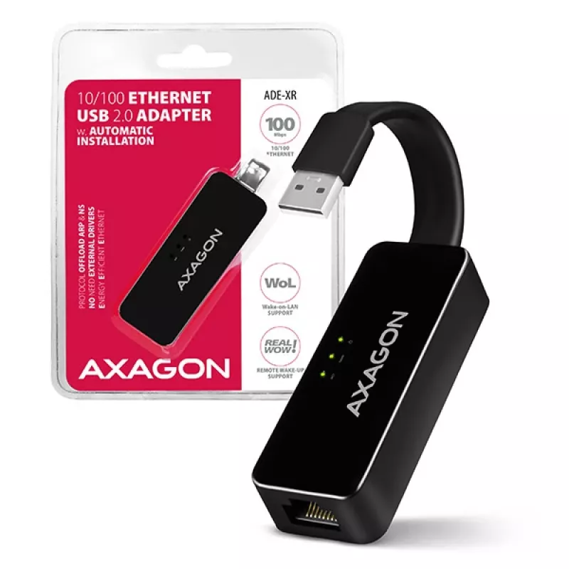 AXAGON ADE-XR USB 2.0 Type-A to Fast Ethernet 10/100 adapter, RJ-45, Realtek RTL8152, black, 23 g