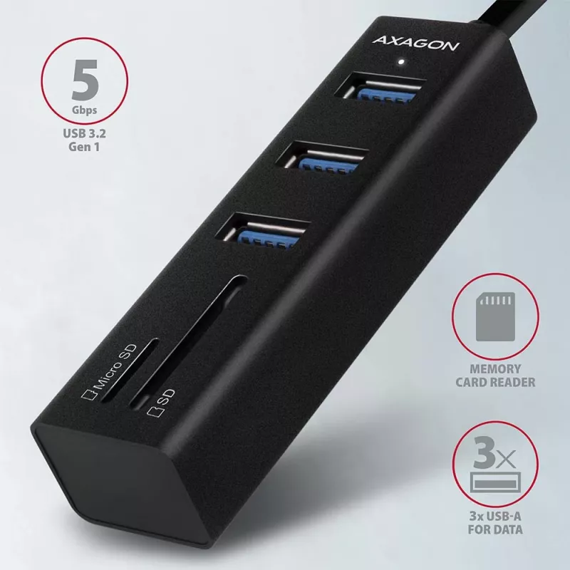 Axagon HMA-CR3A Metal USB 3.2 Gen 1 multi-port hub with three USB ports and card reader