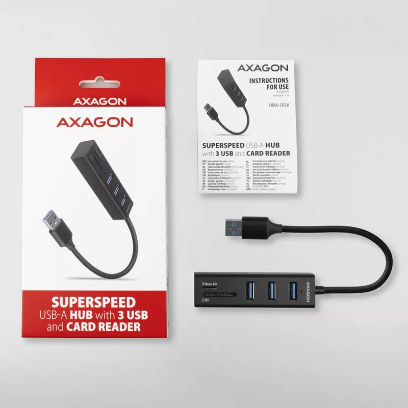 Axagon HMA-CR3A Metal USB 3.2 Gen 1 multi-port hub with three USB ports and card reader