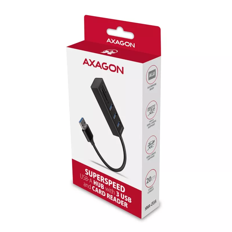 Axagon HMA-CR3A Metal USB 3.2 Gen 1 multi-port hub with three USB ports and card reader
