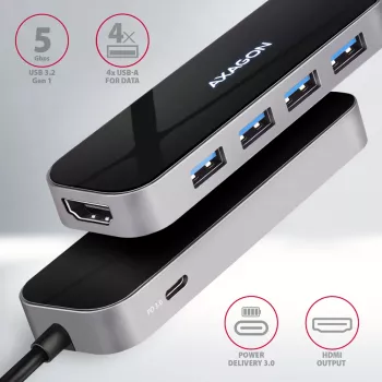 Axagon HMC-6H4A USB 3.2 Gen 1 hub, 4x USB-A, HDMI 4k/30Hz, PD 100W, 20cm USB-C cable