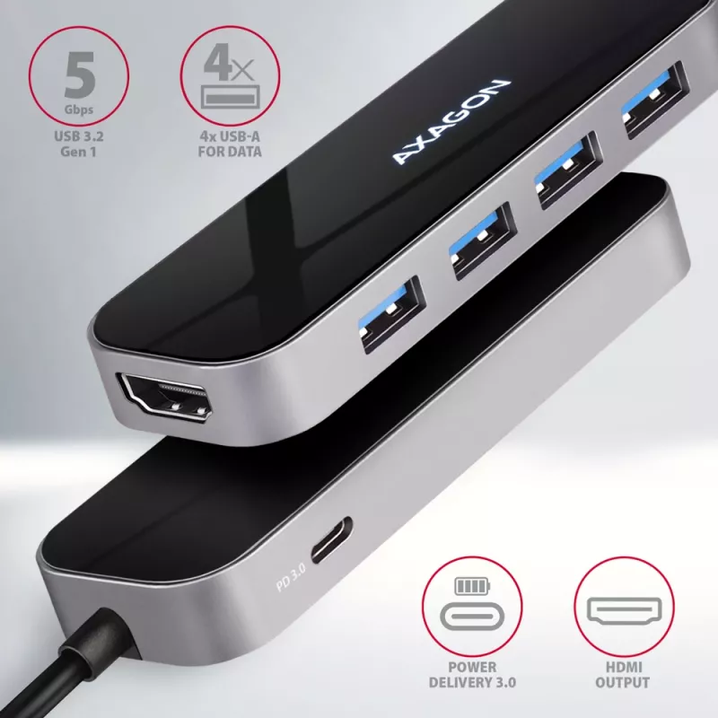 Axagon HMC-6H4A USB 3.2 Gen 1 hub, 4x USB-A, HDMI 4k/30Hz, PD 100W, 20cm USB-C cable