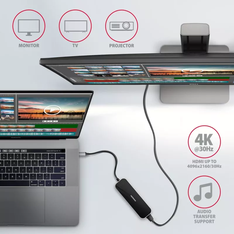 Axagon HMC-6H4A USB 3.2 Gen 1 hub, 4x USB-A, HDMI 4k/30Hz, PD 100W, 20cm USB-C cable