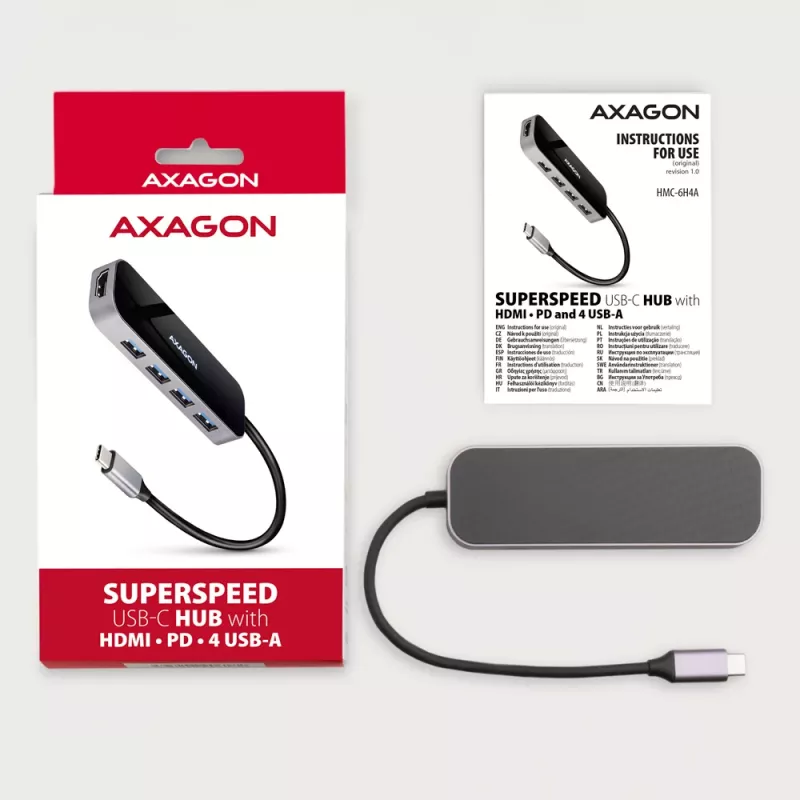 Axagon HMC-6H4A USB 3.2 Gen 1 hub, 4x USB-A, HDMI 4k/30Hz, PD 100W, 20cm USB-C cable