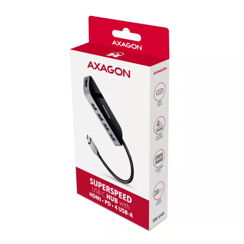 Axagon HMC-6H4A USB 3.2 Gen 1 hub, 4x USB-A, HDMI 4k/30Hz, PD 100W, 20cm USB-C cable