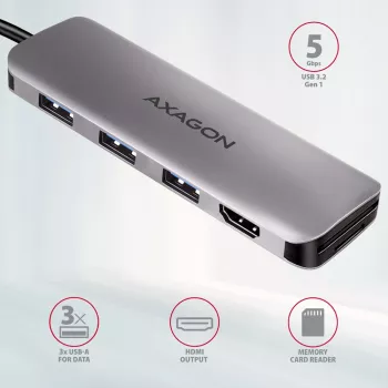Axagon HMC-HCR3A 3x USB-A+ HDMI+ SD/microSD USB-C 3.2 Gen 1 hub 20cm Wired USB 3.2 Gen 1 (3.1 Gen 1) Type-C Grey