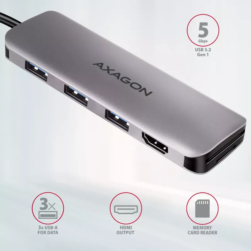 Axagon HMC-HCR3A 3x USB-A+ HDMI+ SD/microSD USB-C 3.2 Gen 1 hub 20cm Wired USB 3.2 Gen 1 (3.1 Gen 1) Type-C Grey