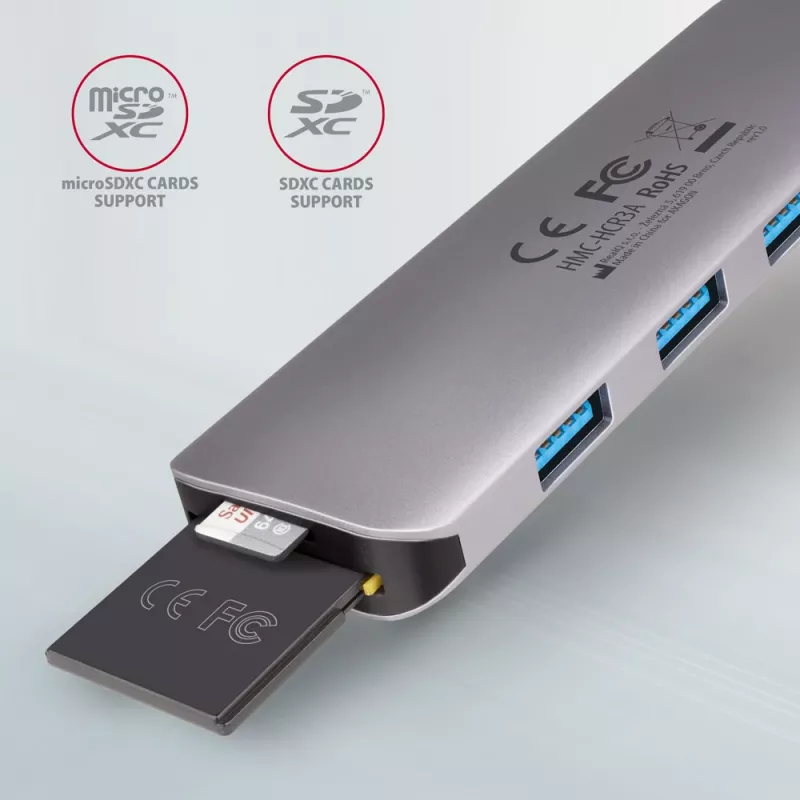 Axagon HMC-HCR3A 3x USB-A+ HDMI+ SD/microSD USB-C 3.2 Gen 1 hub 20cm Wired USB 3.2 Gen 1 (3.1 Gen 1) Type-C Grey