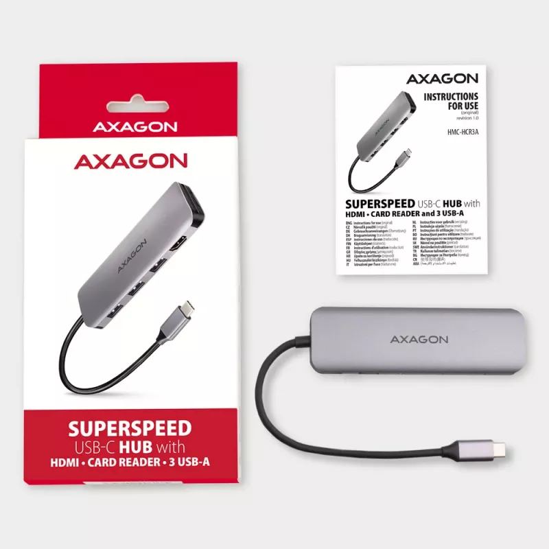 Axagon HMC-HCR3A 3x USB-A+ HDMI+ SD/microSD USB-C 3.2 Gen 1 hub 20cm Wired USB 3.2 Gen 1 (3.1 Gen 1) Type-C Grey