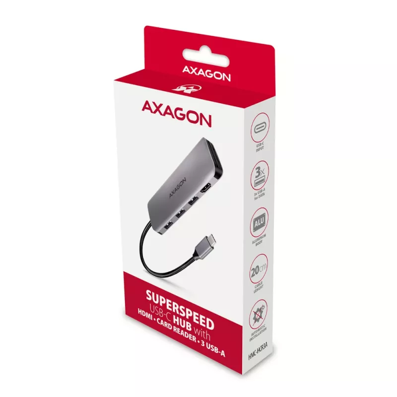 Axagon HMC-HCR3A 3x USB-A+ HDMI+ SD/microSD USB-C 3.2 Gen 1 hub 20cm Wired USB 3.2 Gen 1 (3.1 Gen 1) Type-C Grey
