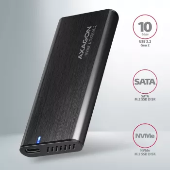 Axagon EEM2-SB2 External USB-C 3.2 Gen 2 metal box for M.2 NVMe & SATA SSD disks. Screwless