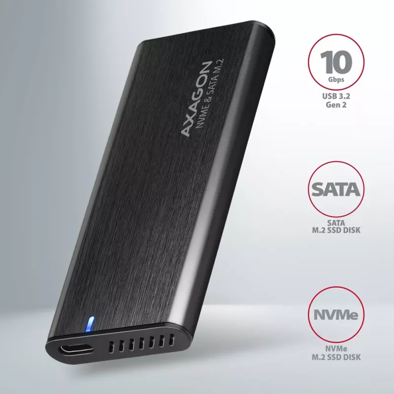 Axagon EEM2-SB2 External USB-C 3.2 Gen 2 metal box for M.2 NVMe & SATA SSD disks. Screwless