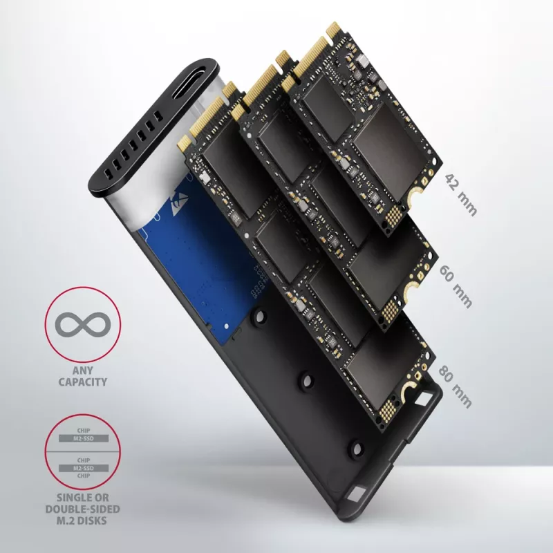 Axagon EEM2-SB2 External USB-C 3.2 Gen 2 metal box for M.2 NVMe & SATA SSD disks. Screwless