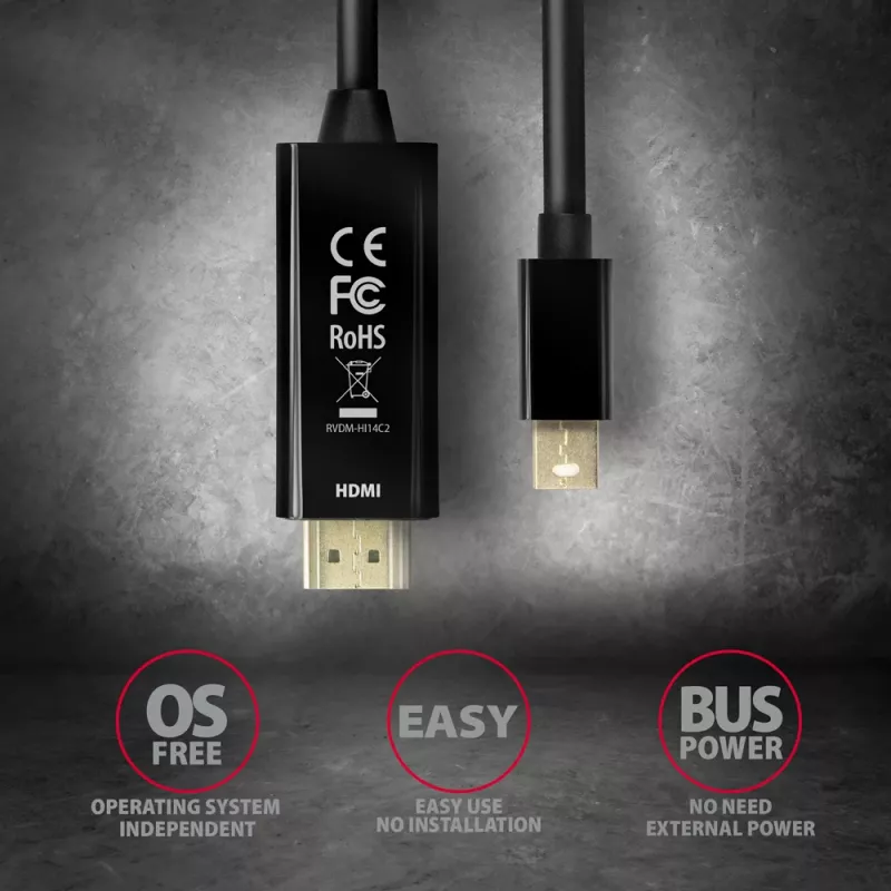 Axagon RVDM-HI14C2 Mini DisplayPort to HDMI Adapter Cable 4K 30Hz 1.8m