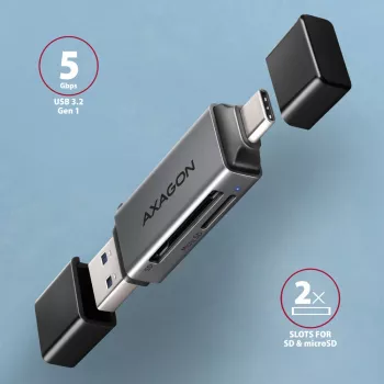 Axagon CRE-DAC USB-C+ USB-A 5 Gbps MINI 2-slot & lun SD/microSD card reader USB 3.0 Type-A/Type-C Grey