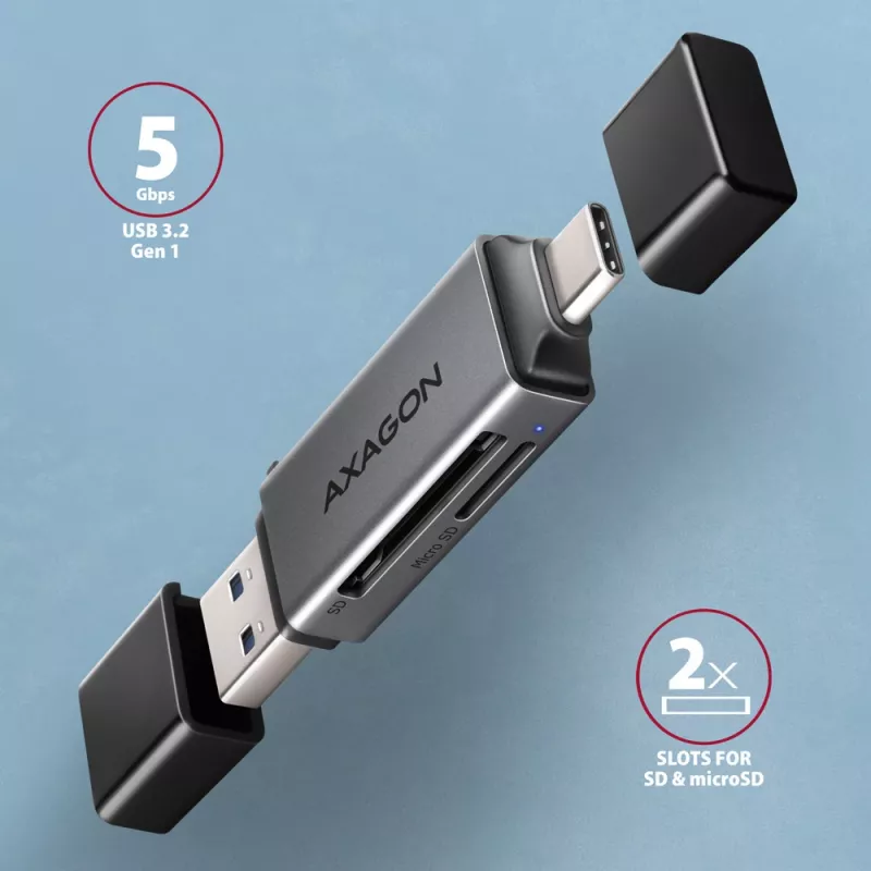 Axagon CRE-DAC USB-C+ USB-A 5 Gbps MINI 2-slot & lun SD/microSD card reader USB 3.0 Type-A/Type-C Grey