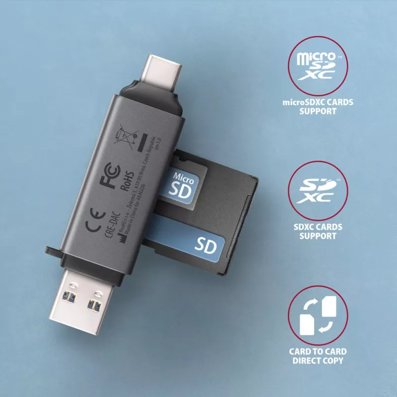 Axagon CRE-DAC USB-C+ USB-A 5 Gbps MINI 2-slot & lun SD/microSD card reader USB 3.0 Type-A/Type-C Grey