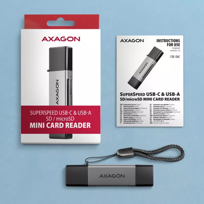 Axagon CRE-DAC USB-C+ USB-A 5 Gbps MINI 2-slot & lun SD/microSD card reader USB 3.0 Type-A/Type-C Grey
