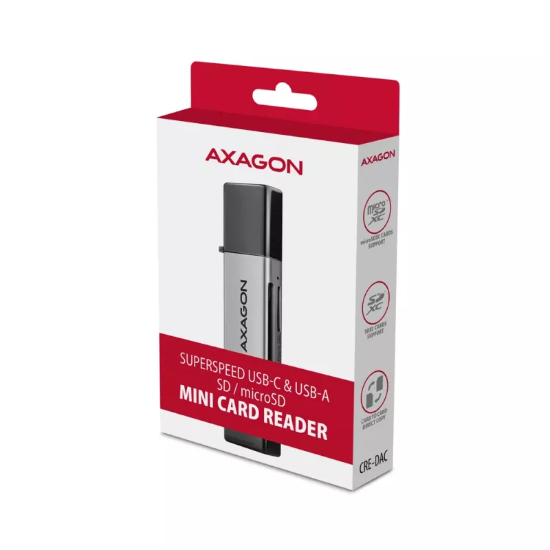 Axagon CRE-DAC USB-C+ USB-A 5 Gbps MINI 2-slot & lun SD/microSD card reader USB 3.0 Type-A/Type-C Grey
