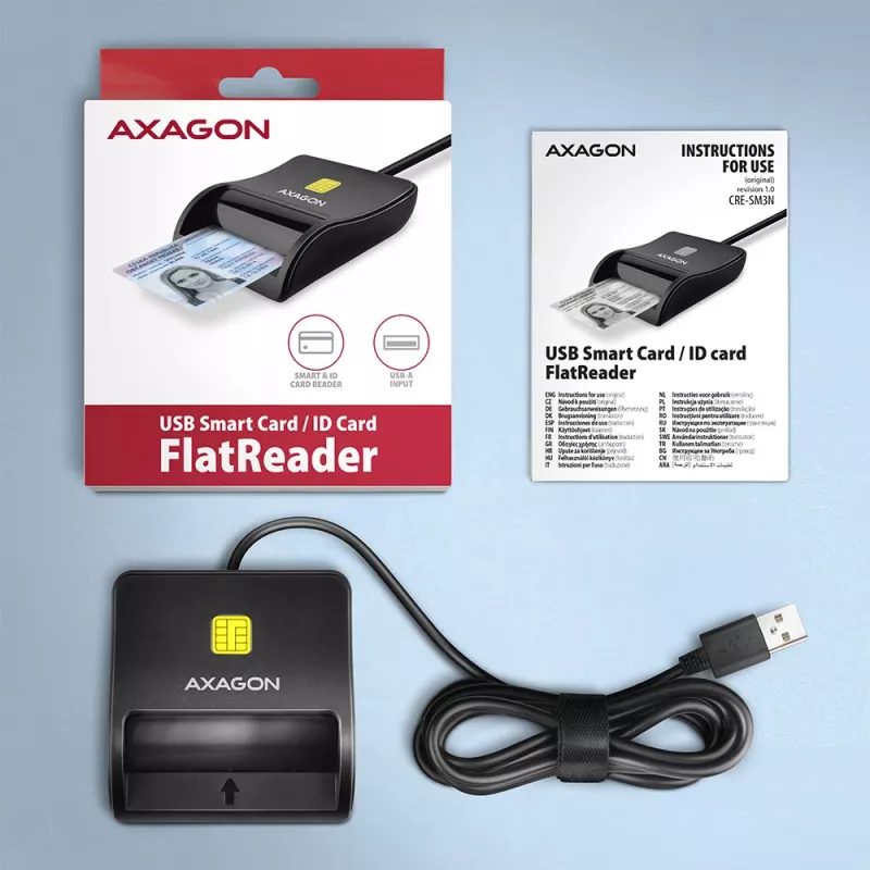 Axagon CRE-SM3N USB-A Smart card/ID card FlatReader, USB 2.0, 1.3 m, Black, 57 g