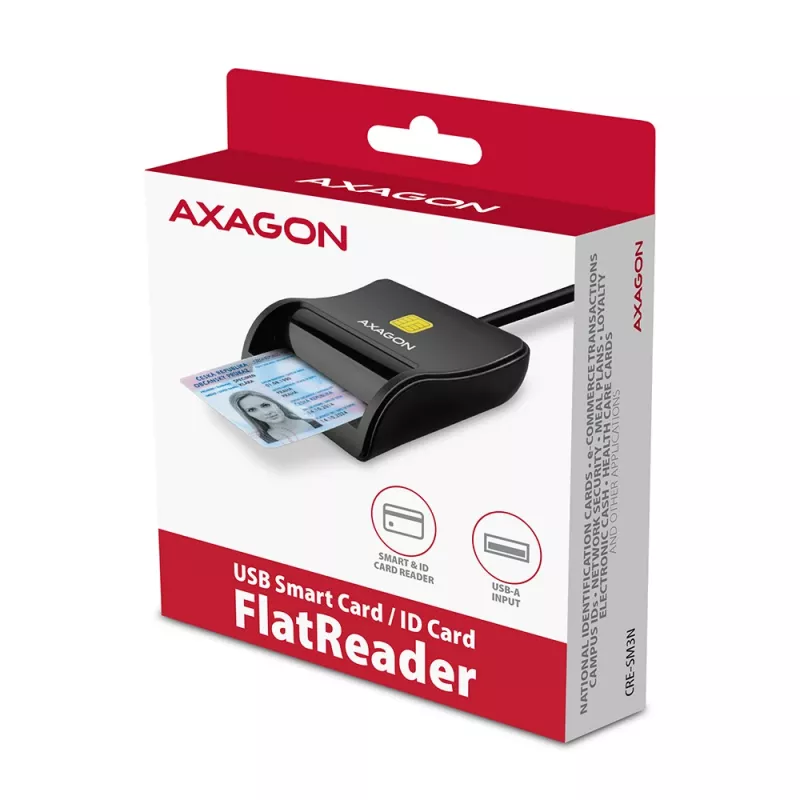 Axagon CRE-SM3N USB-A Smart card/ID card FlatReader, USB 2.0, 1.3 m, Black, 57 g