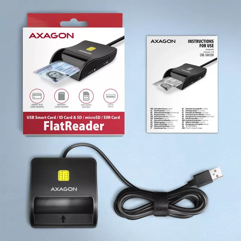 Axagon CRE-SM3SD USB Smart card & SD/microSD/SIM Flat smart card reader Indoor USB 2.0 Black