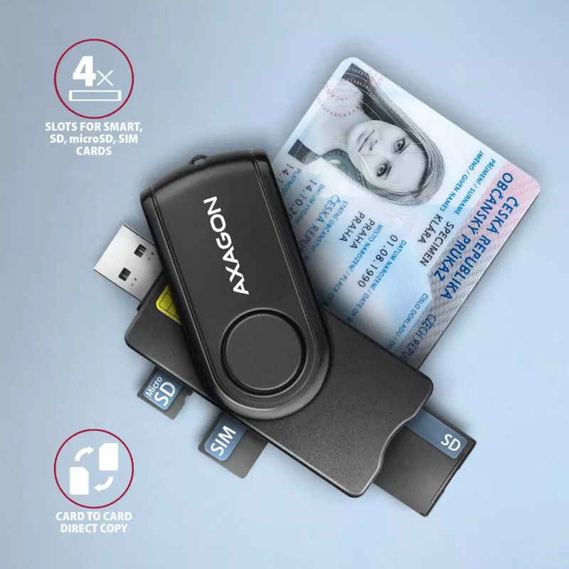 Axagon CRE-SMP2A USB Smart card & SD/microSD/SIM PocketReader smart card reader Indoor USB Type-A/USB Type-C Black
