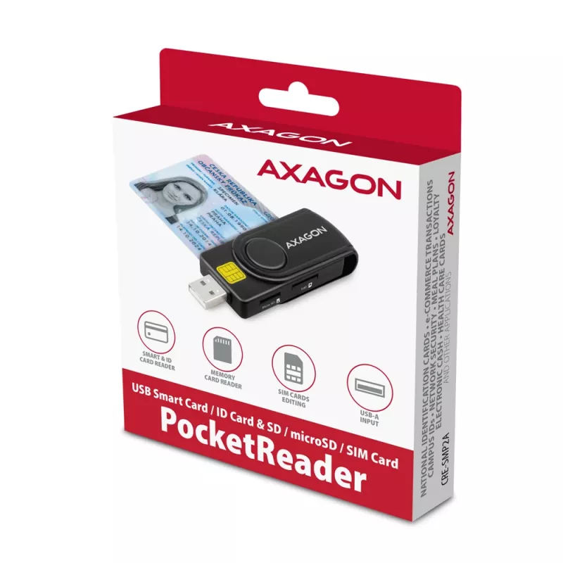 Axagon CRE-SMP2A USB Smart card & SD/microSD/SIM PocketReader smart card reader Indoor USB Type-A/USB Type-C Black