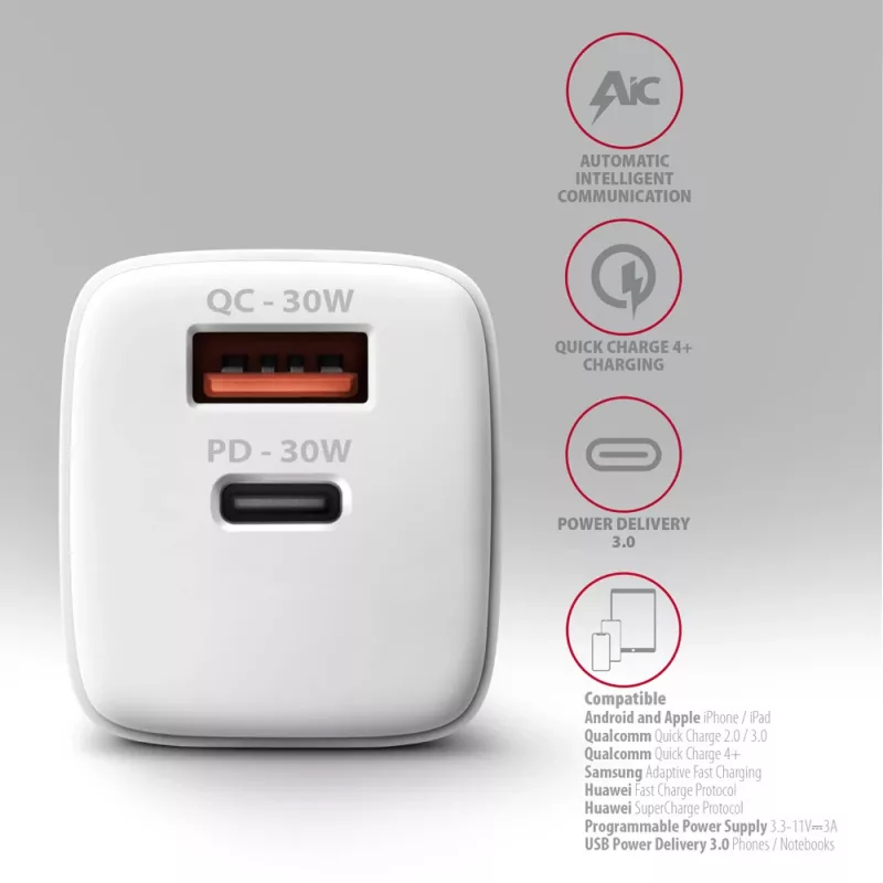 Charger Axagon ACU-PQ30W QC3.0 30W USB-C White