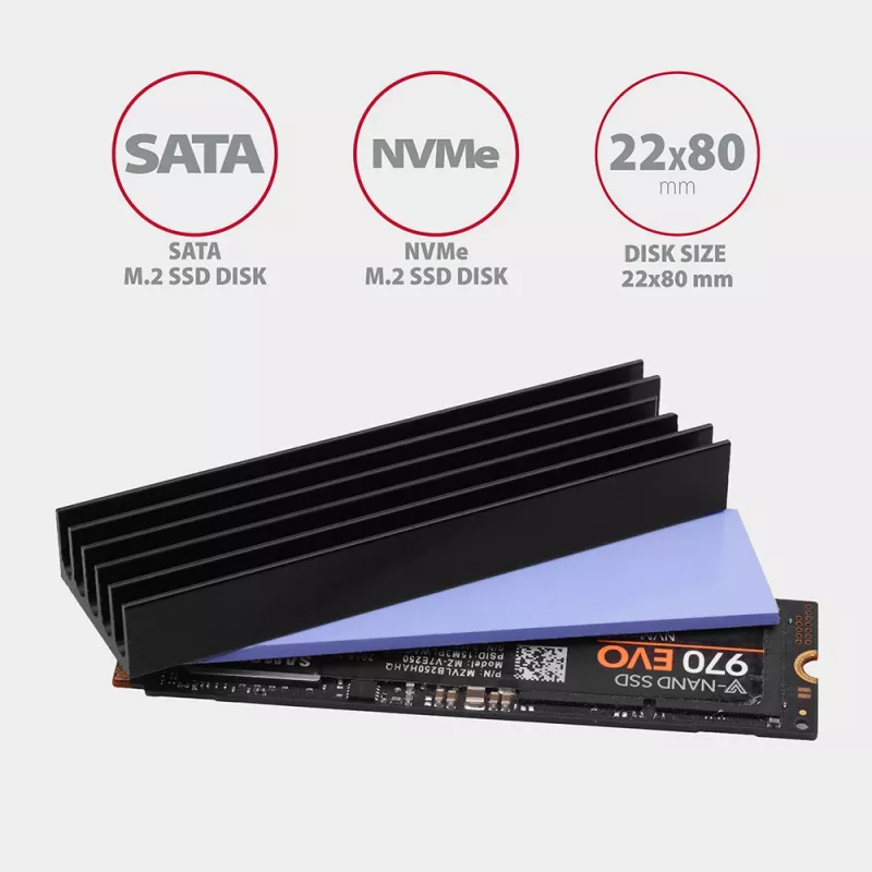 Axagon CLR-M2L10 Passive aluminum heatsink for all M.2 SSDs, size 2280, high 10 mm.