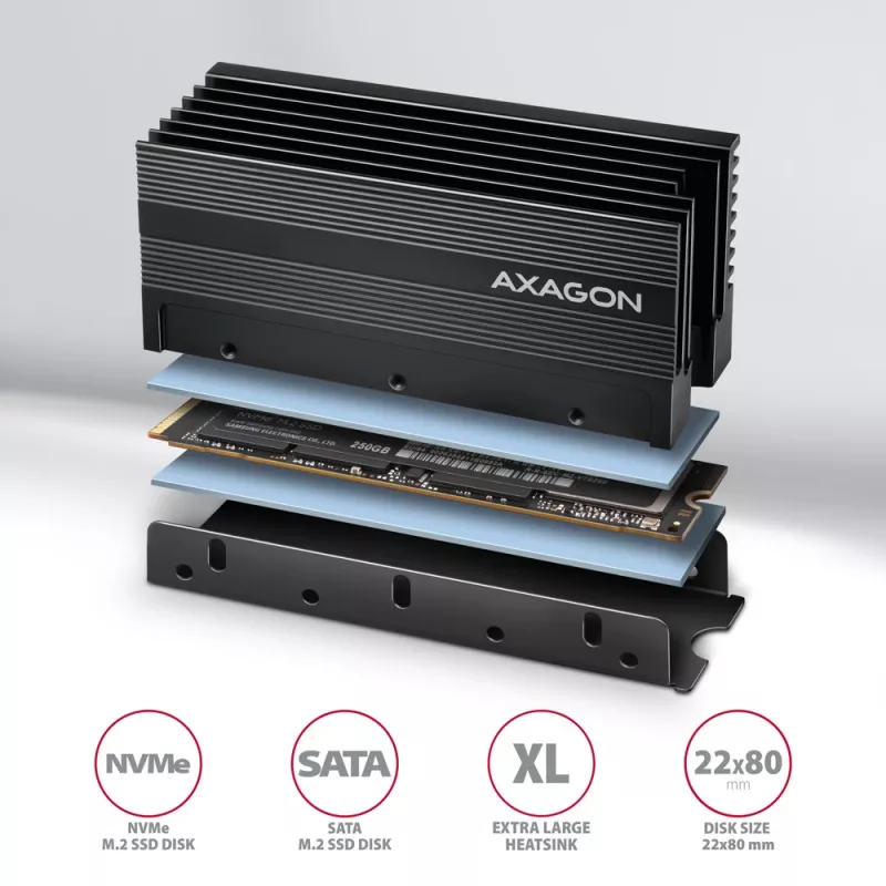 Axagon CLR-M2XL Passive aluminum heatsink for single-sided and double-sided M.2 SSD disks, size 2280, height 36 mm
