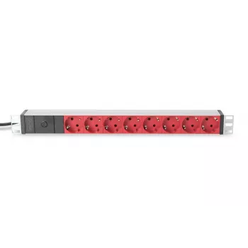 DIGITUS 1U Aluminum PDU, rackmountable 10A Plug, 250VAC 50/60Hz, 8x RED CEE 7/7 outlet pre-fuse, IEC C14 plug