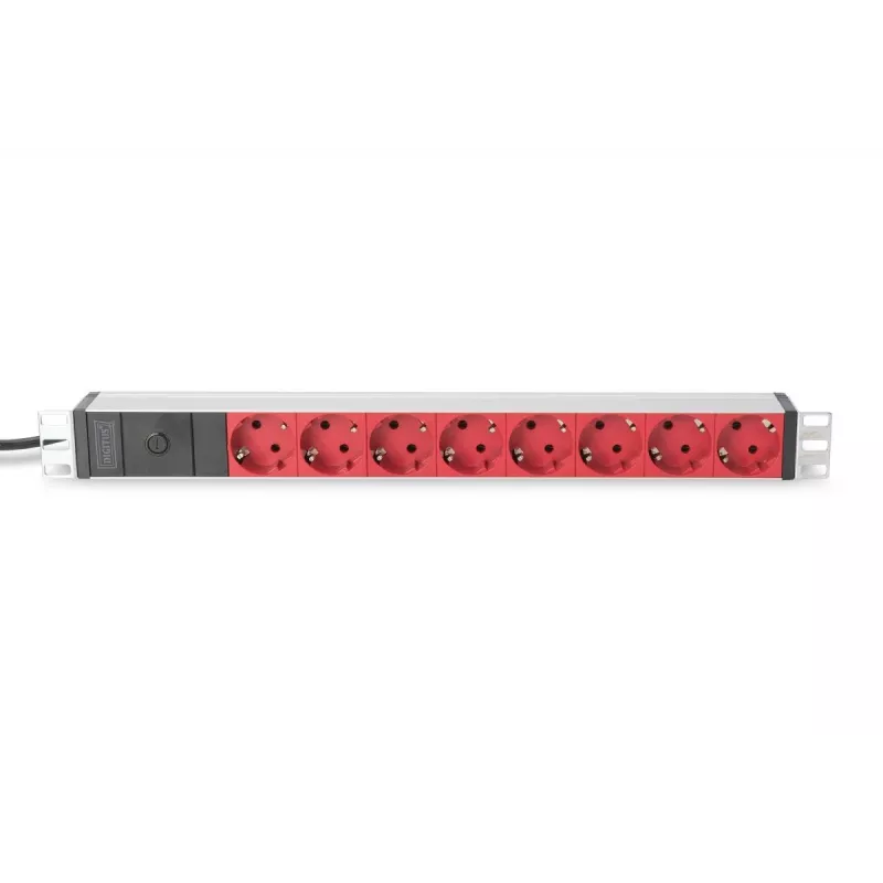 DIGITUS 1U Aluminum PDU, rackmountable 10A Plug, 250VAC 50/60Hz, 8x RED CEE 7/7 outlet pre-fuse, IEC C14 plug