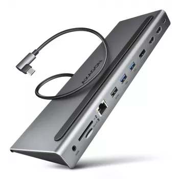 Docking station Axagon HMC-4KX3 USB-C 5Gbps hub, 3x USB-A, 2x HDMI, DP, RJ-45, SD/microSD, audio, PD 100W, cable 40cm