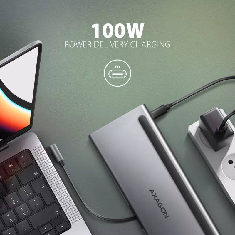Docking station Axagon HMC-4KX3 USB-C 5Gbps hub, 3x USB-A, 2x HDMI, DP, RJ-45, SD/microSD, audio, PD 100W, cable 40cm