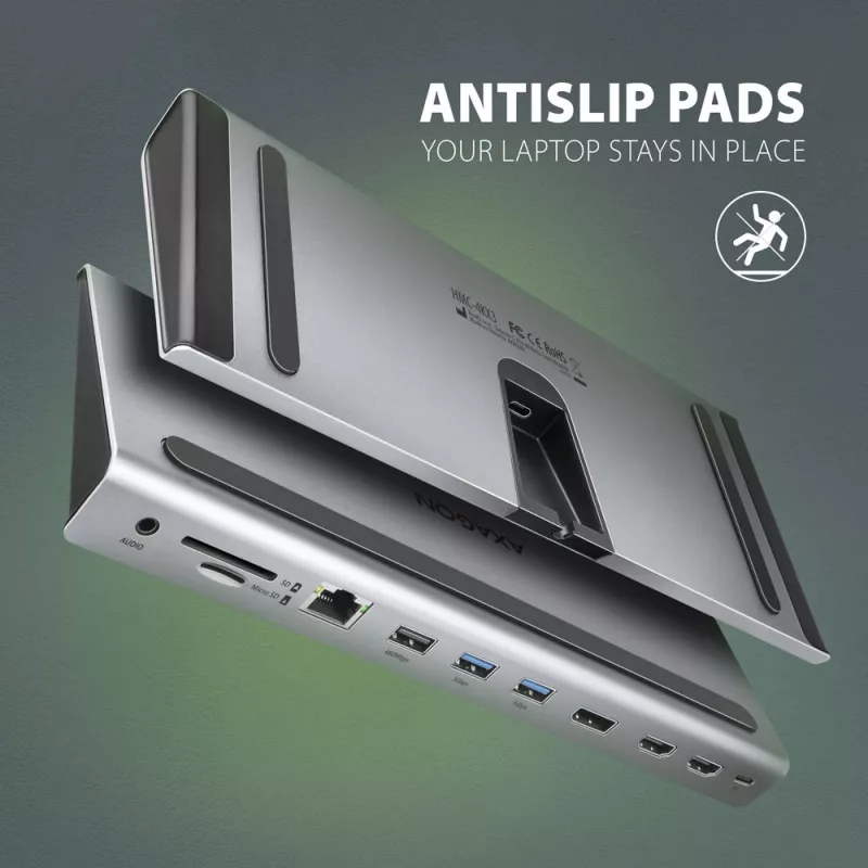 Docking station Axagon HMC-4KX3 USB-C 5Gbps hub, 3x USB-A, 2x HDMI, DP, RJ-45, SD/microSD, audio, PD 100W, cable 40cm